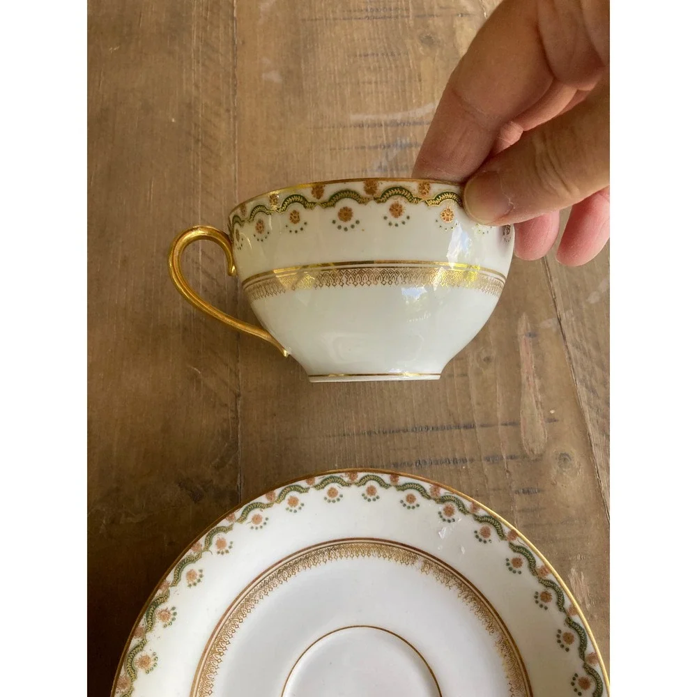 Elite Works Limoges France Teacup and Saucer Set Gold Floral Filigree Porcelain
